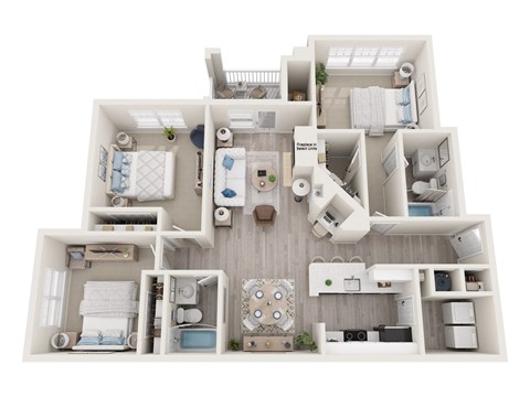 Floor plan for 3 beds, 2 baths, 1384 sqft